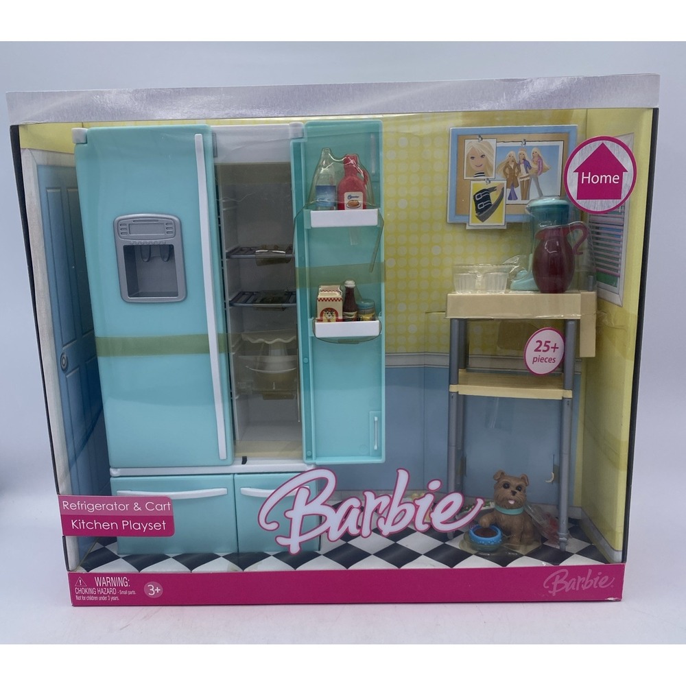 VTG Barbie 2006 Home Refrigerator & Cart Kitchen Playset K8611 Mattel NRFB Rare